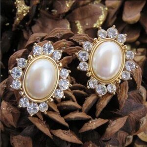 Monet Clip Ons, Faux Pearl & Crystal Rhinestone Earrings, Signed Jewelry